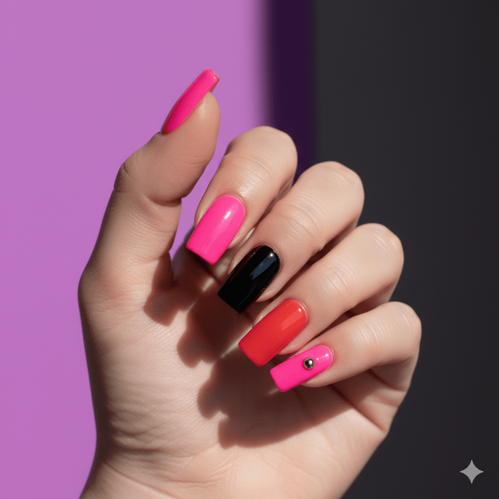 “Close-up of bold short duck nail designs with vibrant colors and unique accent art on a neutral background.”