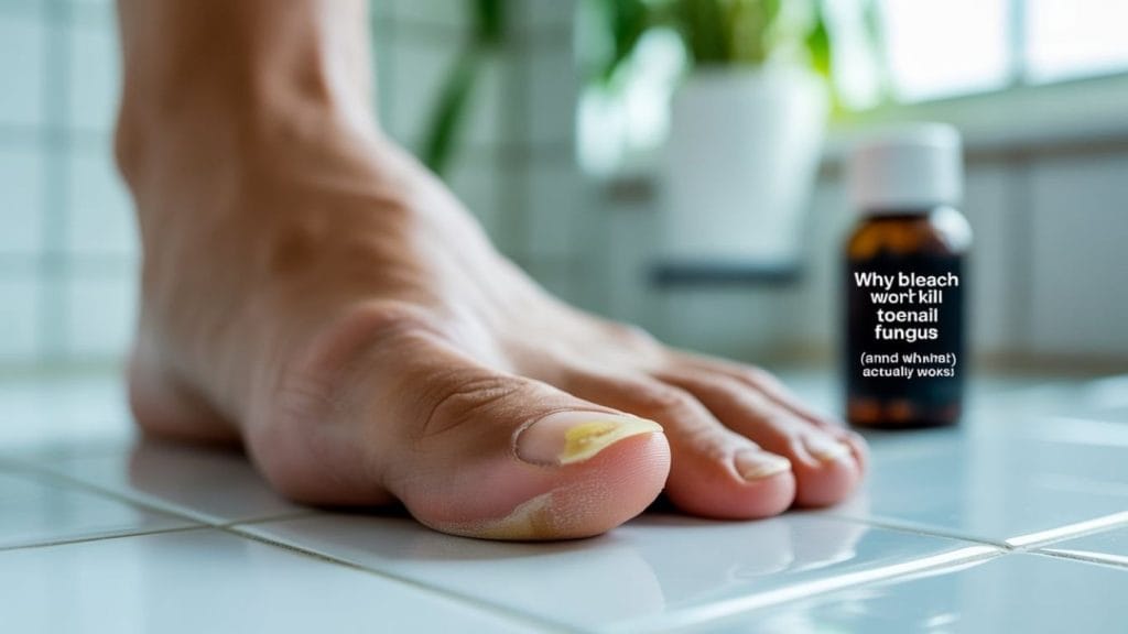 “Close-up of toenails showing fungal infection with yellowing, thickened nails, and irregular texture.”