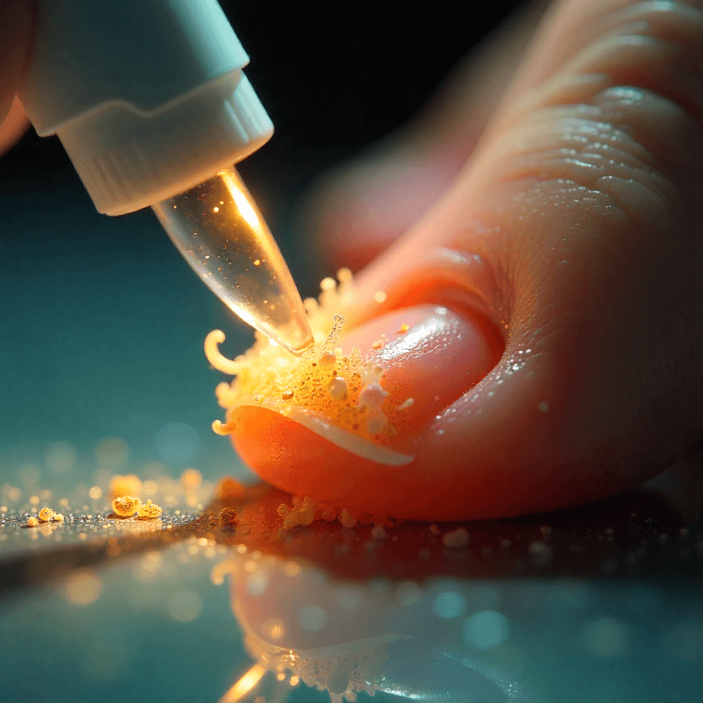 “Illustration showing bleach molecules failing to penetrate thick fungal toenails, highlighting ineffectiveness.”
