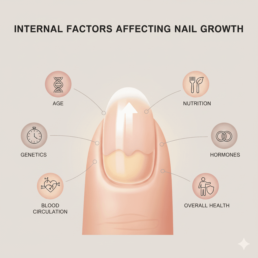 “Infographic highlighting vitamins and minerals like biotin, zinc, and protein that promote strong nail growth.”