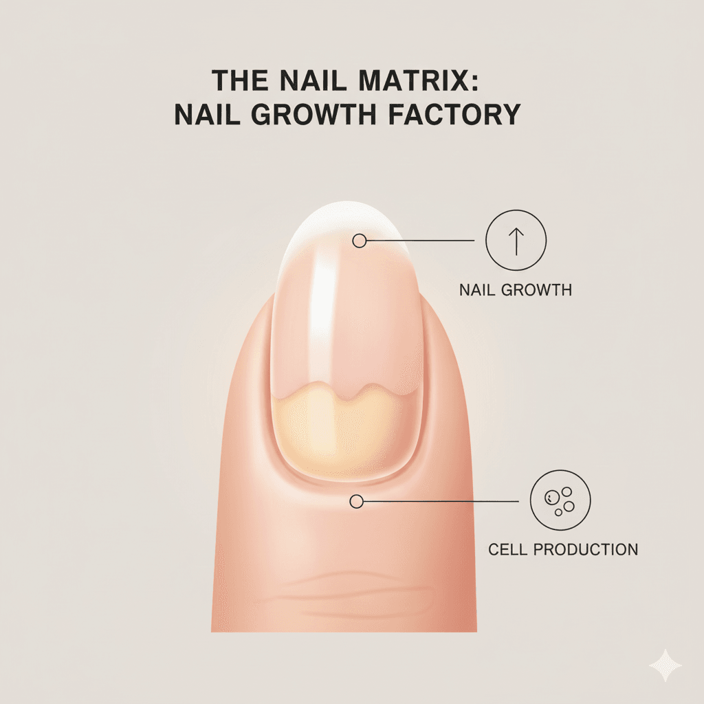 “Scientific illustration of nail stem cells contributing to new nail formation within the matrix.”