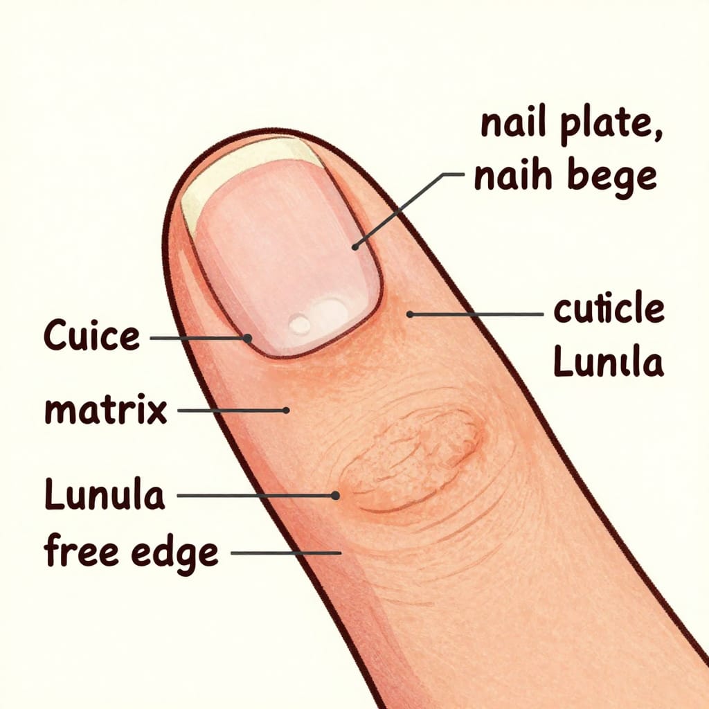 Close-up diagram of the nail matrix at the base of the fingernail where new nail cells are produced.”