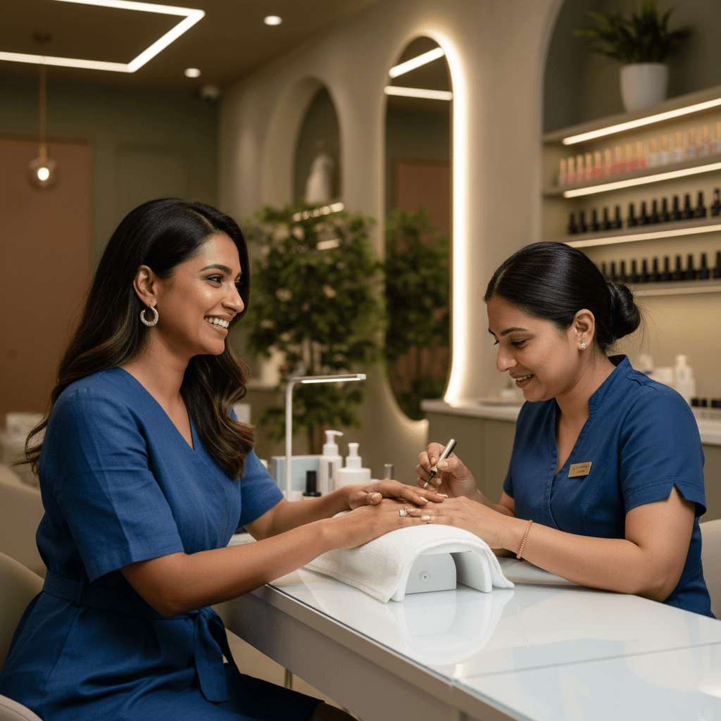 Woman receiving a professional manicure at a luxury nail salon