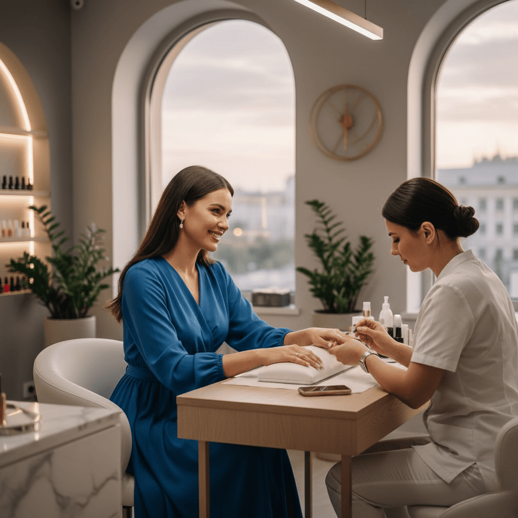 Professional nail care session at Saagold salon with a happy client and expert technician