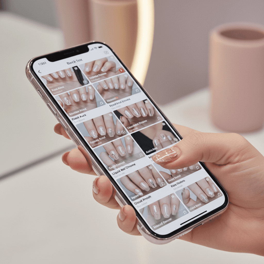 “Hand with 2026 nail designs scrolling through TikTok nail videos, representing trend predictions for next year’s manicures.”