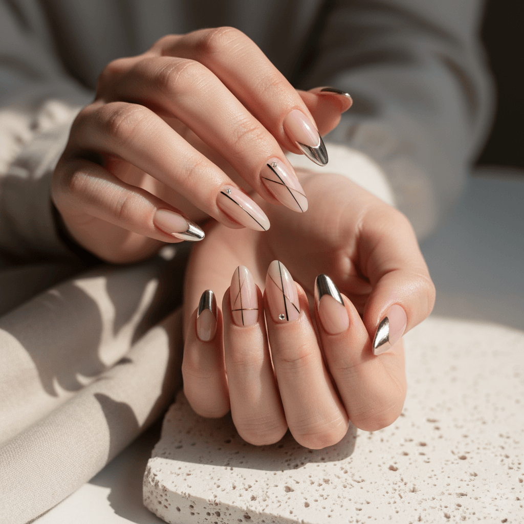 “2026 UK nail art trends showing glossy almond and square nails with nude, blush, pastel shades, chrome accents, and minimalist designs.”