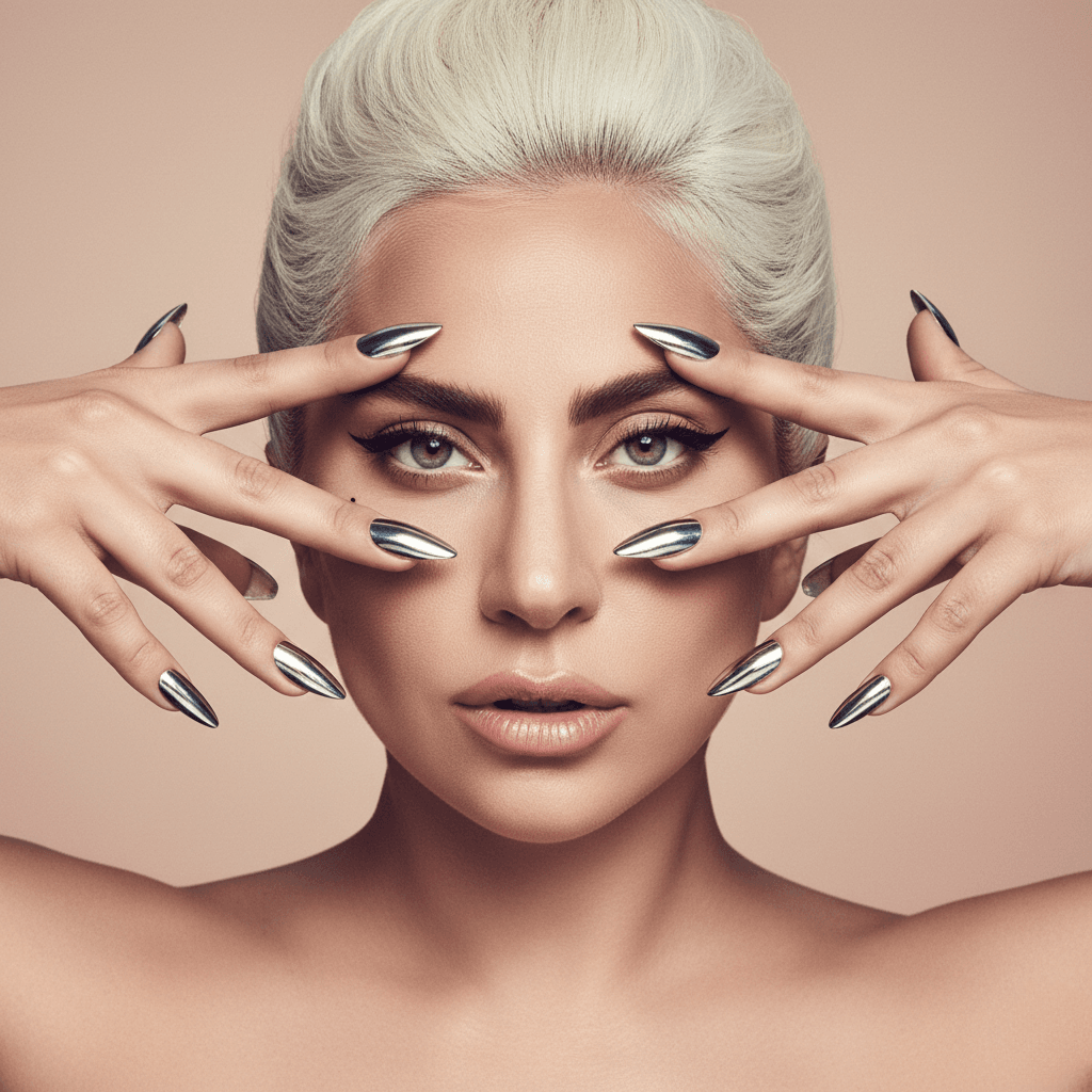 Lady Gaga showcasing red stiletto nails on red carpet with elegant evening gown and sophisticated makeup