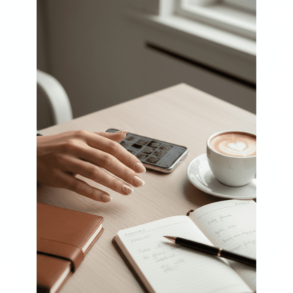 “Modern manicured hand beside a smartphone and notebook, representing final thoughts on building a nail inspiration strategy.”