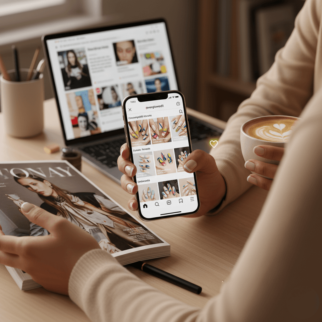 “Person with modern manicured nails comparing nail designs on a smartphone, laptop, and magazine, illustrating how to choose a nail inspiration source.”
