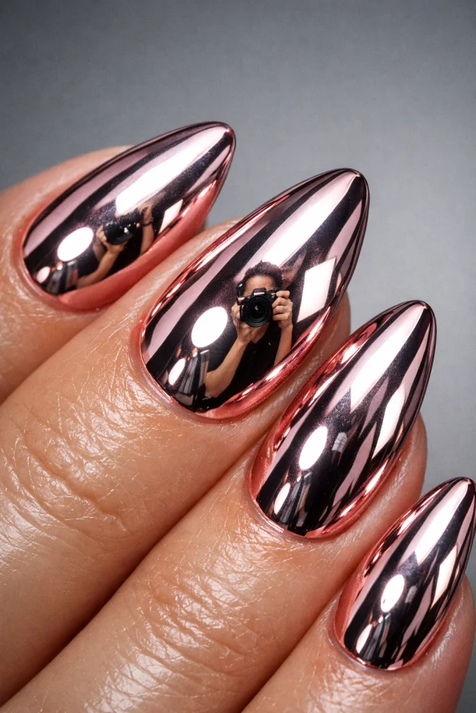 Extreme close-up of rose gold chrome mirror finish nails showing perfect reflective surface with visible studio light reflections
