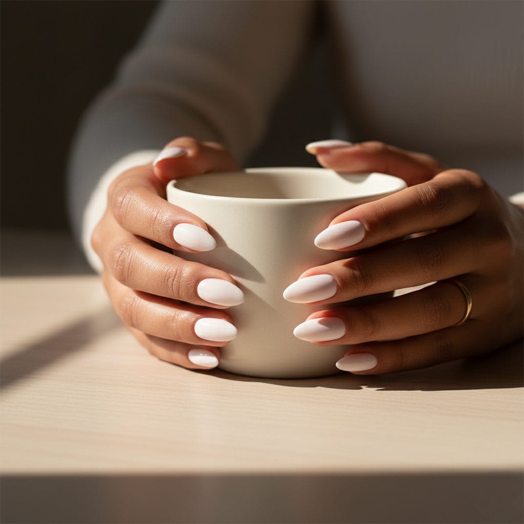 Close-up of hands with Cloud Dancer warm white gel manicure on almond-shaped nails holding cream ceramic coffee cup in natural light