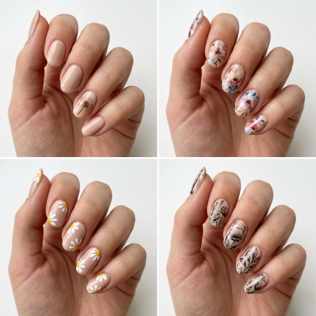 Four hands showing different floral nail art complexity levels from simple pressed flowers to detailed hand-painted botanical designs