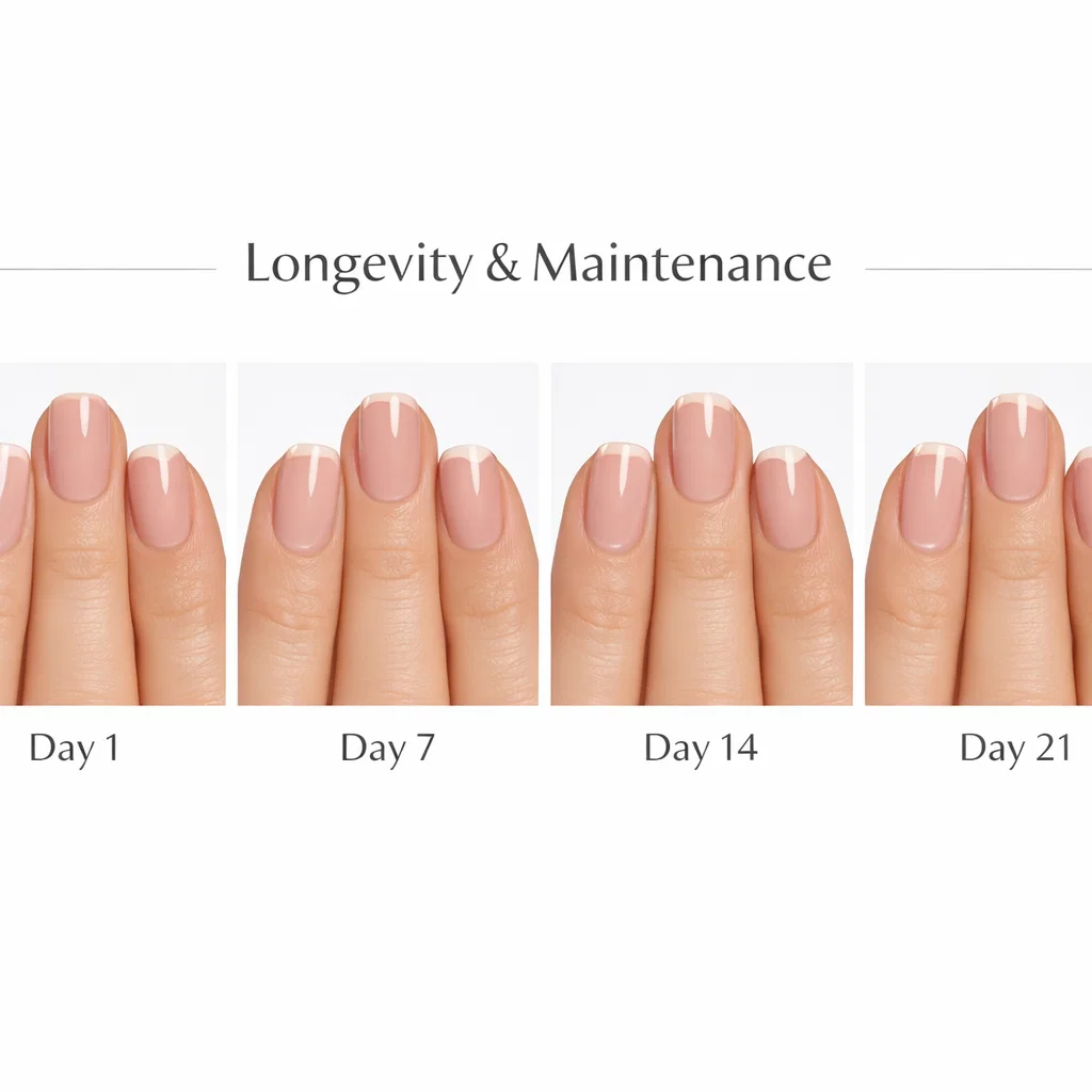 Timeline showing nail wear progression from Day 1 to Day 21, displaying gradual chip development and tip wear on gel manicure