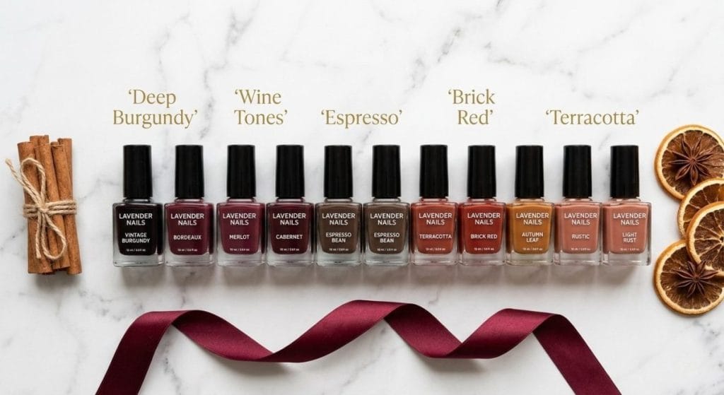 "Ten nail polish bottles arranged in color gradient from deep burgundy to terracotta on white marble surface with autumn styling elements"