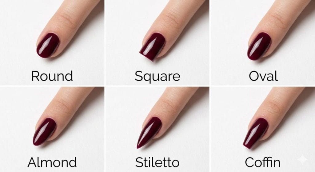 Before and after comparison showing natural bare nails transforming into burgundy chrome manicure"
