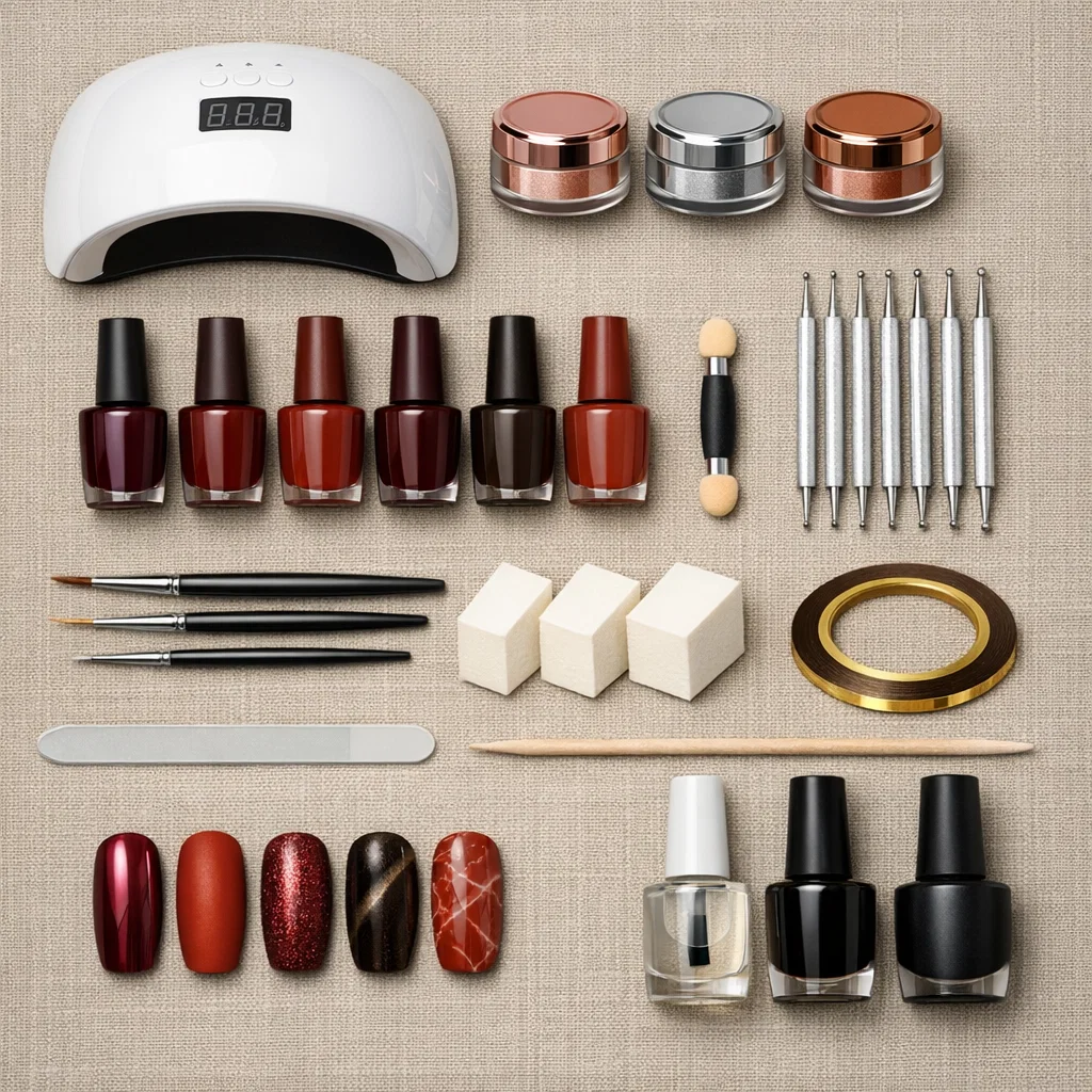 "Organized flat lay of nail art tools including UV lamp, chrome powder, gel polishes, brushes, and finished nail art samples on beige background"