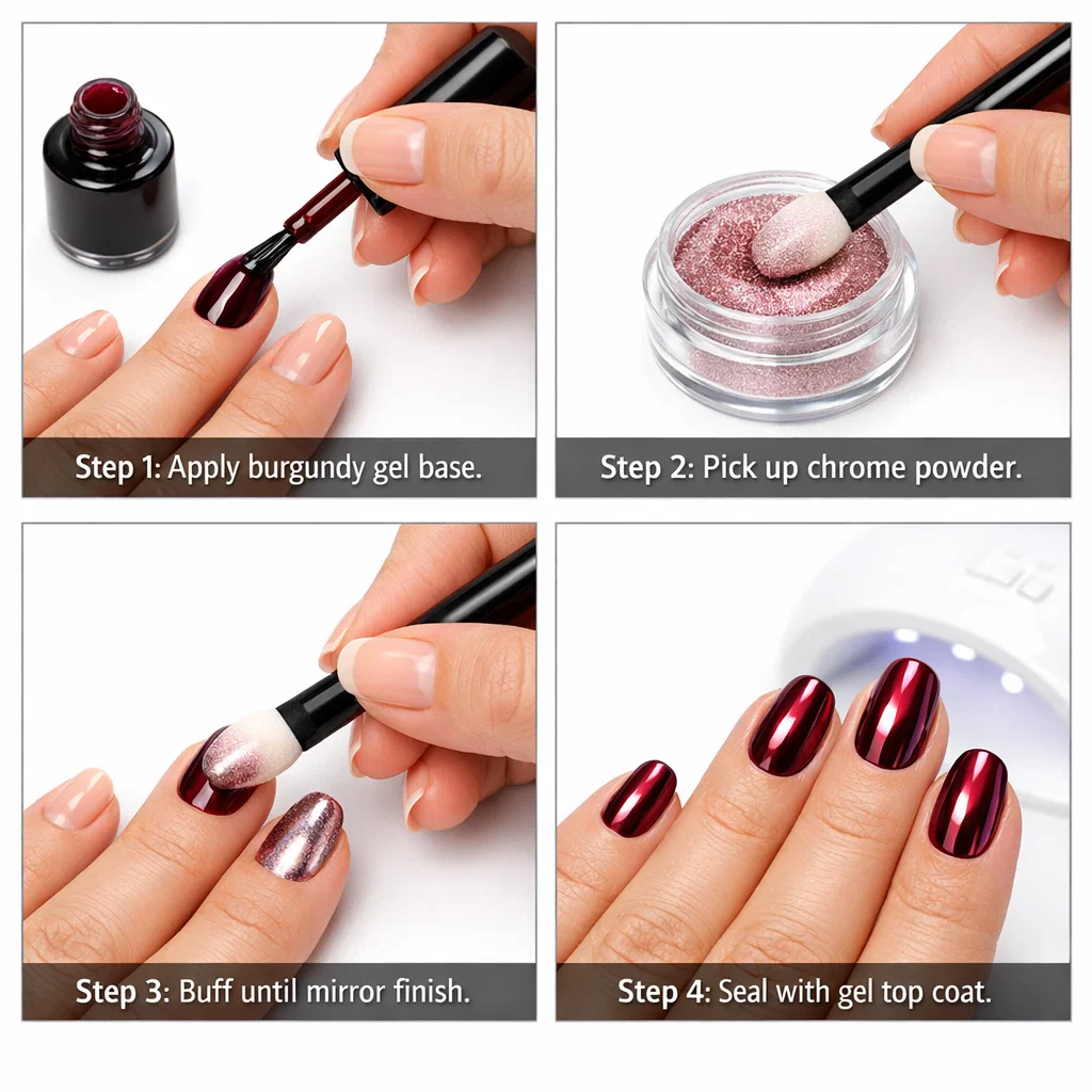 "Four-step tutorial showing chrome nail application process from burgundy gel polish to final mirror-finish chrome result"