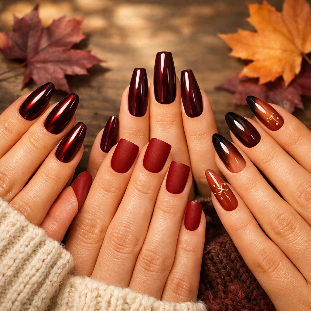 "Five hands displaying different brown red nail designs including burgundy chrome on almond nails, matte brick red on square nails, glossy wine on coffin nails, espresso ombré on oval nails, and terracotta with gold foil on stiletto nails, arranged against autumn background"