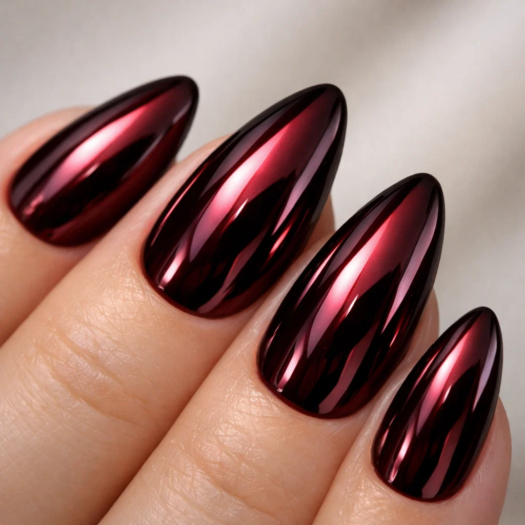 "Four-step tutorial showing chrome nail application process from burgundy gel polish to final mirror-finish chrome result