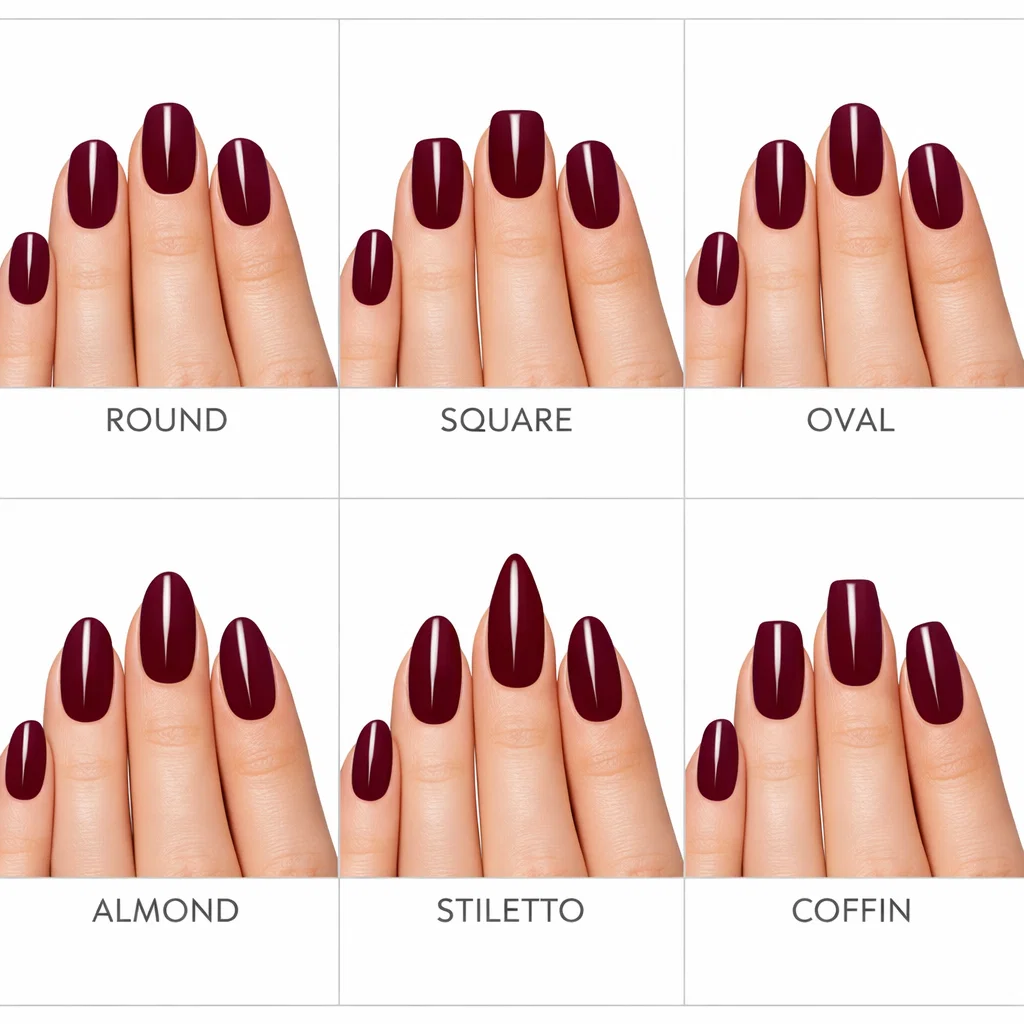 "Comparison grid showing deep burgundy polish on six different nail shapes: round, square, oval, almond, stiletto, and coffin"
