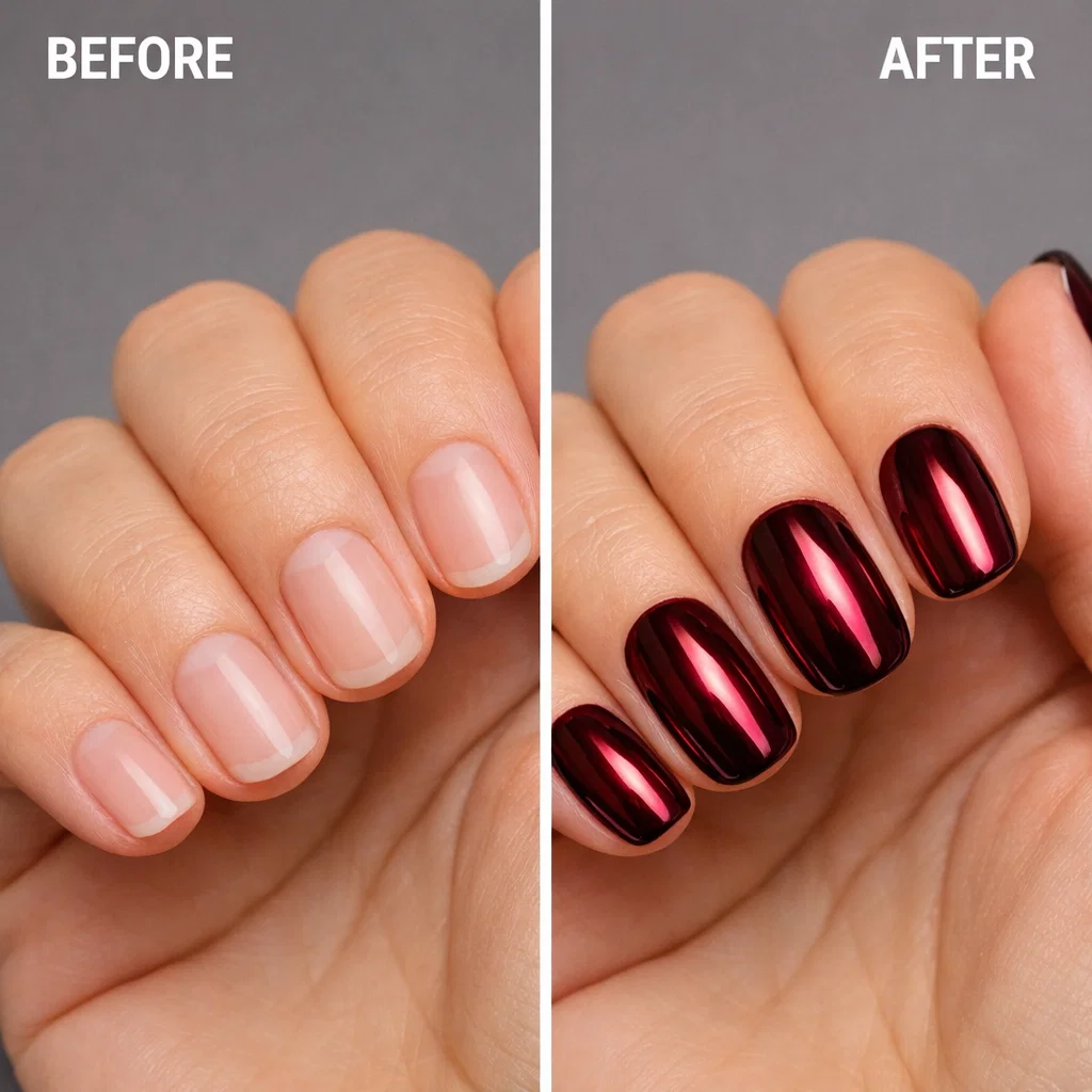 "Before and after comparison showing natural bare nails transforming into burgundy chrome manicure"